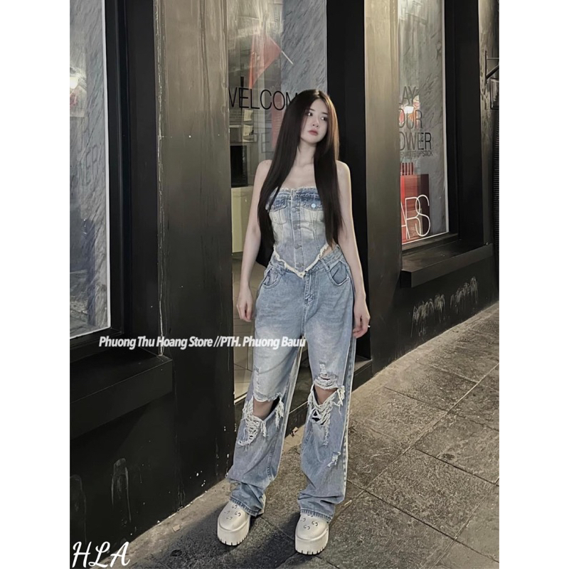 Bộ Áo Ống Denim Ngắn + Quần Jean Lưng Cao Dáng Rộng Rách Gối Phong Cách Hàn Quốc Thời Trang Quyến Rũ Cho Nữ