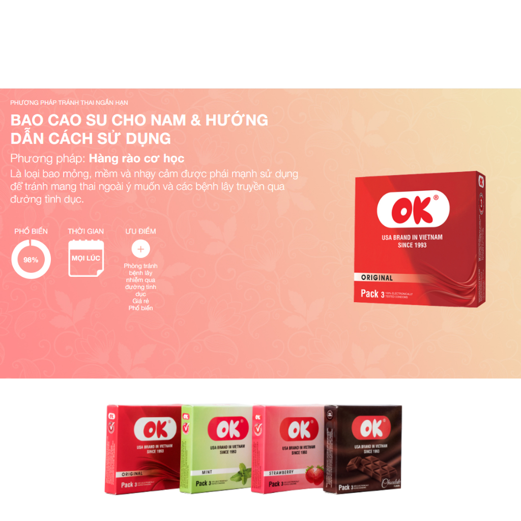 Hộp 3 Bao Cao Su OK Hương Thơm, BCS Siêu Mỏng  - MADE IN VIETNAM