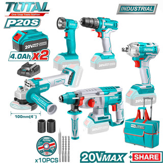 Bộ combo 5 máy khoan bê tông , máy cắt , máy siết bulong , máy khoan vặn vít , đèn dùng pin 20V Total TCKLI2018