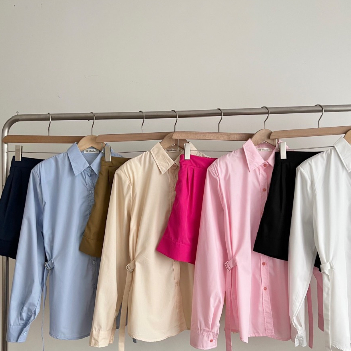 Sét đồ nữ áo sơ mi tay dài có dây thắt eo xinh xắn kèm quần sooc đùi siêu hot