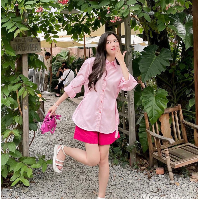 Sét đồ nữ áo sơ mi tay dài có dây thắt eo xinh xắn kèm quần sooc đùi siêu hot