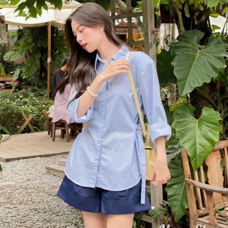 Sét đồ nữ áo sơ mi tay dài có dây thắt eo xinh xắn kèm quần sooc đùi siêu hot