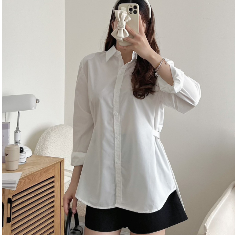 Sét đồ nữ áo sơ mi tay dài có dây thắt eo xinh xắn kèm quần sooc đùi siêu hot