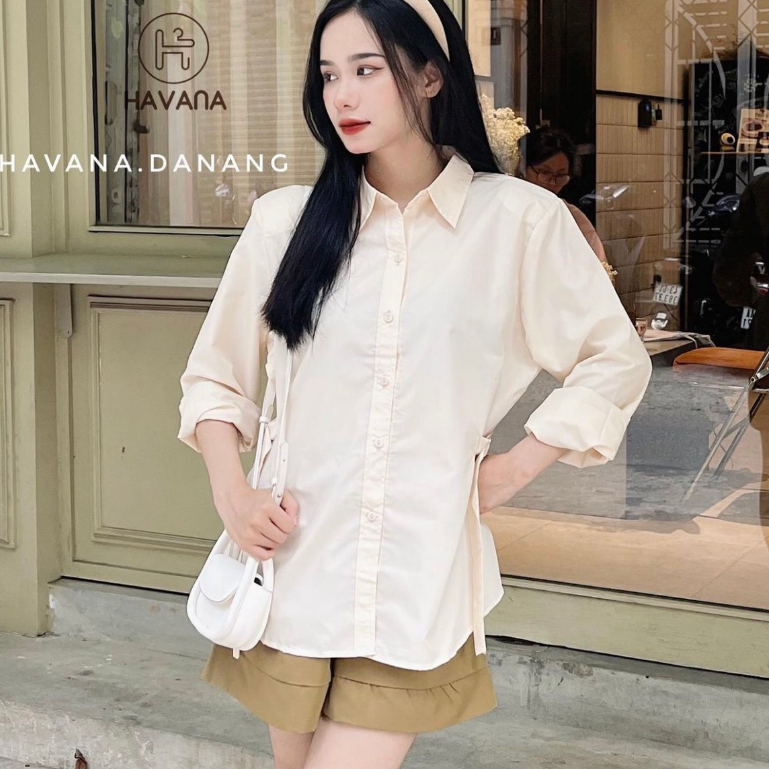 Sét đồ nữ áo sơ mi tay dài có dây thắt eo xinh xắn kèm quần sooc đùi siêu hot
