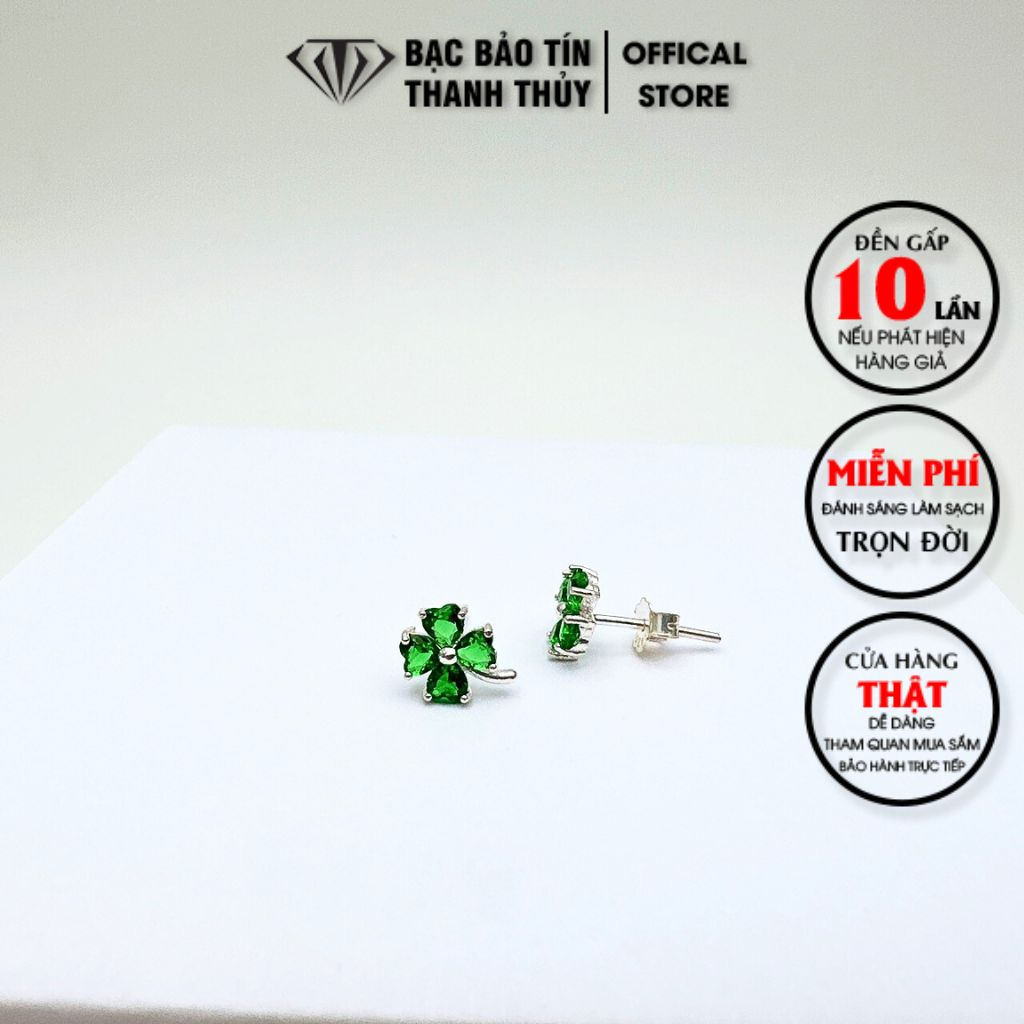 Bông tai bạc nữ kiểu ghim hình cỏ 4 lá gắn đá Cz xanh Bảo Tín Thanh Thủy, chất liệu bạc ta nguyên chất, cao 1.4 cm