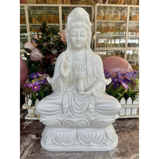 Tượng Phật Bà Quan Thế Âm Bồ Tát ngồi đài sen cầu bình an đá trắng - Cao 40 cm