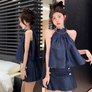 Set Bò Áo Yếm Cổ Xích Mix Chân Váy Xếp Ly Có Lót Quần Cá Tính Kèm Ảnh Thật