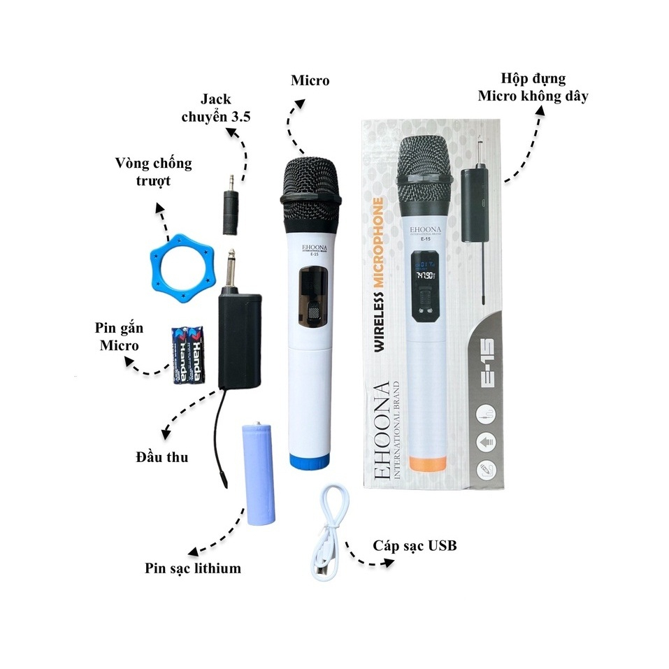 Micro Karaoke Không Dây Siêu Nhạy Hút Âm Sạc Pin UHF E-15 Dành Cho Loa Kéo Bluetooth Amply Zack Cắm 6.5mm E15