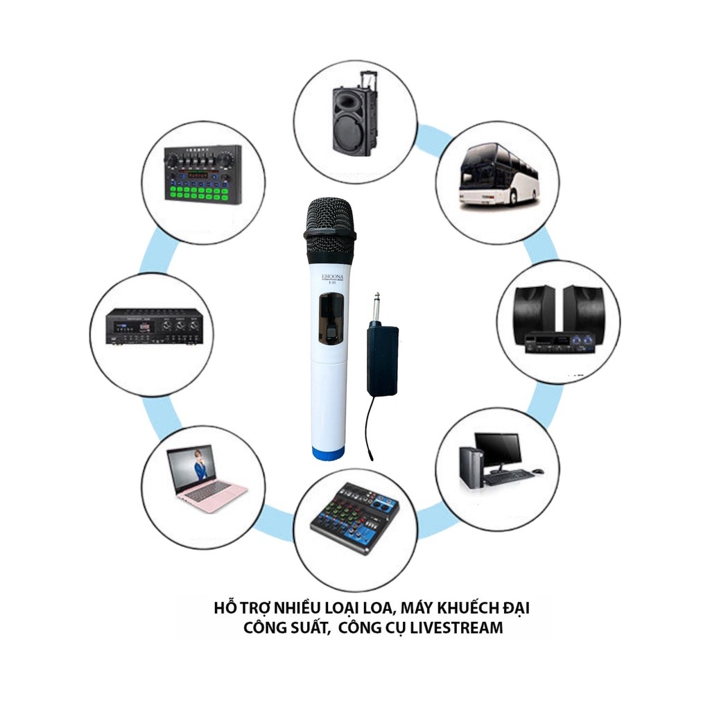 Micro Karaoke Không Dây Siêu Nhạy Hút Âm Sạc Pin UHF E-15 Dành Cho Loa Kéo Bluetooth Amply Zack Cắm 6.5mm E15