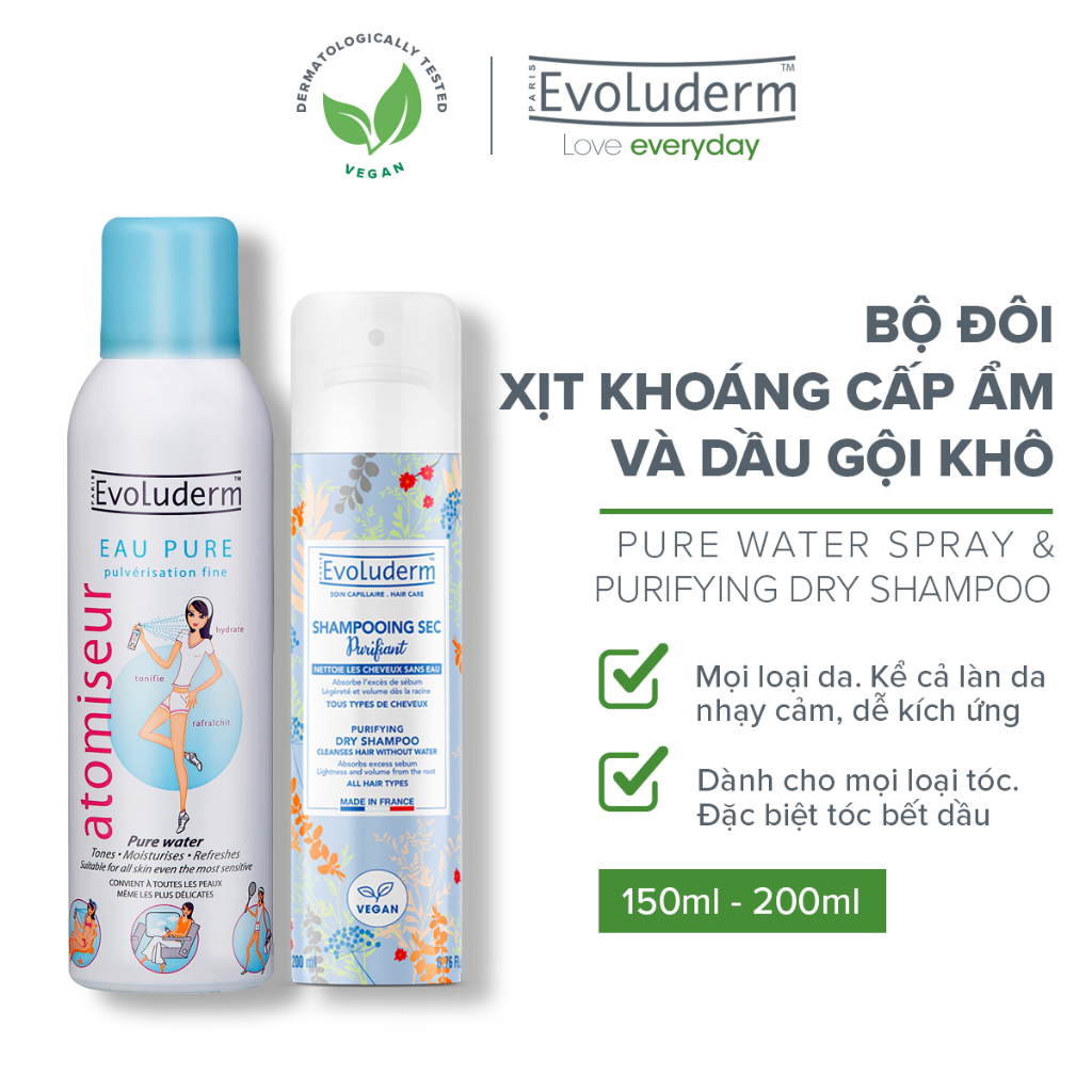 Bộ du lịch xịt khoáng Evoluderm 150ml và Dầu gội khô Evoluderm 200ml