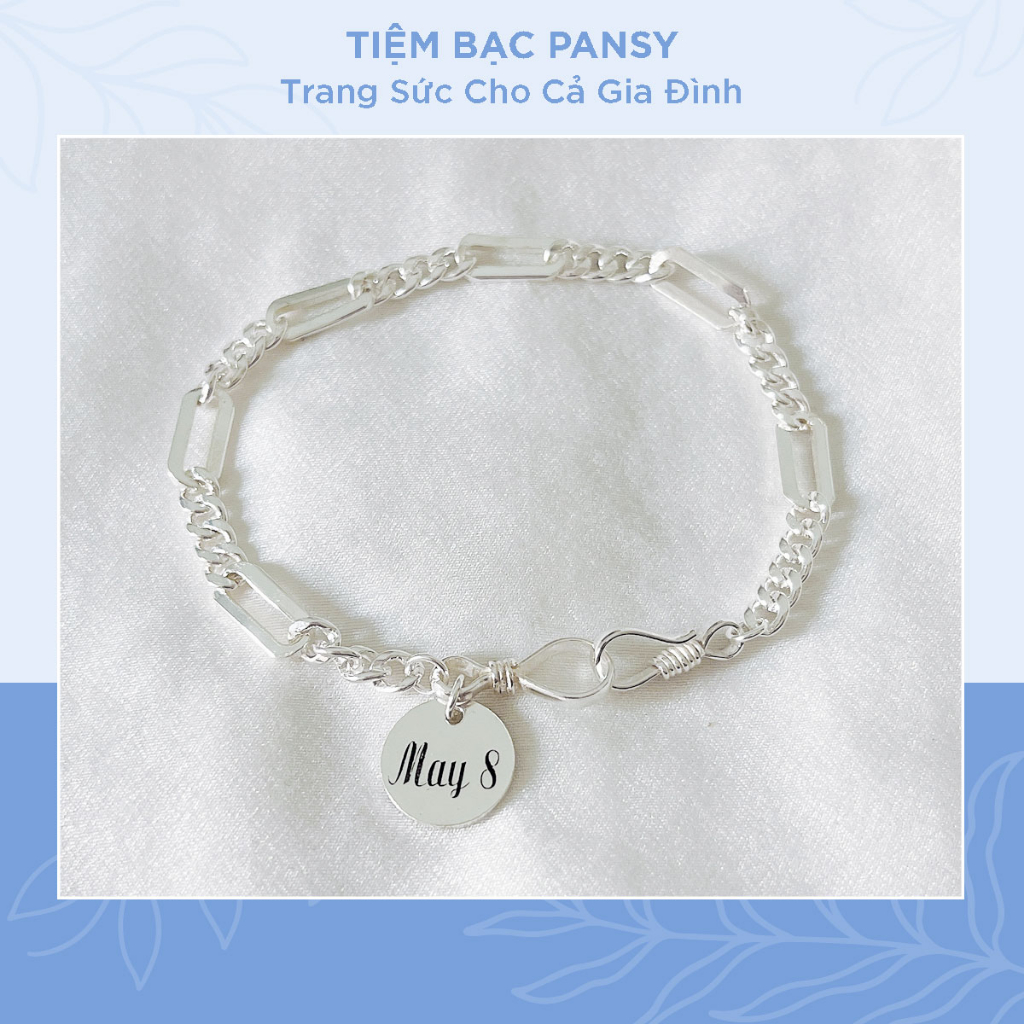 Lắc tay bạc nam khắc tên PANSY thiết kế mắt xích basic - Vòng tay bạc ta cao cấp nam tính