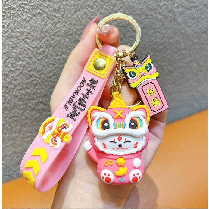 Móc Khóa Mèo Đội Lân Kèm Dây Và Tag Móc Khoá Mèo Thần Tài Mang Lại May Mắn