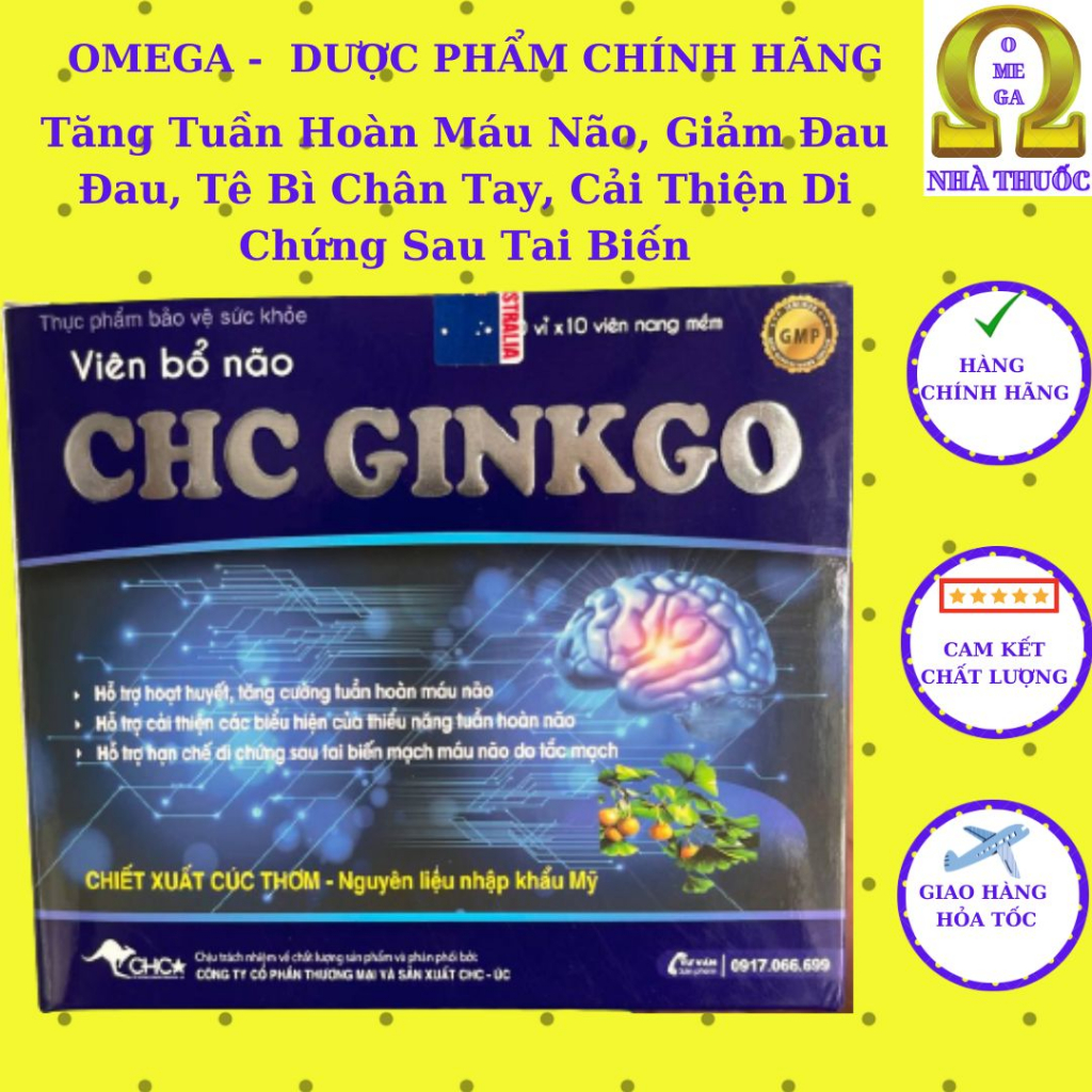 Bổ Não CHC Ginkgo (Hộp 100v) - Tăng Tuần Hoàn Máu, Giảm Đau Đầu, Hạn Chế Di Chứng Sau Tai Biến.