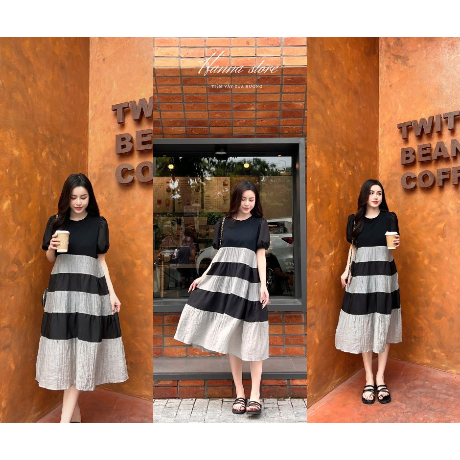 Đầm babydoll dáng tầng, dáng suông phối lạ mắt, váy suông chât thun phối tơ mẹ bầu mặc được.