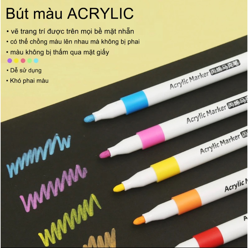 Set 60 Bút màu ACRYLIC Marker CHỐNG THẤM NƯỚC Không Bị Nhoè Có Thể Vẽ Lên Đồ Vật Nhẵn , lau được khi dính lên da