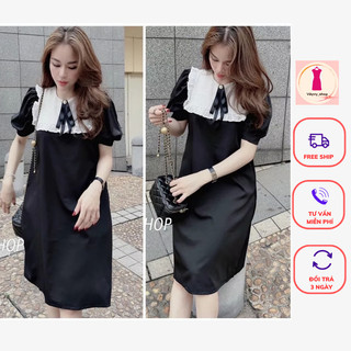 Váy tiểu thư cổ bèo trắng gài nơ ngực cực xinh luôn nha