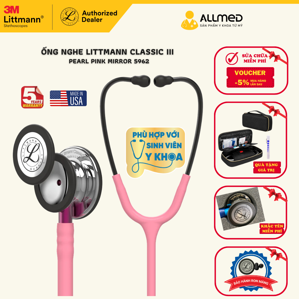 Ống nghe Littmann Classic III ™ màu Mirror & Pearl Pink - Pink Stem 5962 (Limited) chính hãng 3M Mỹ