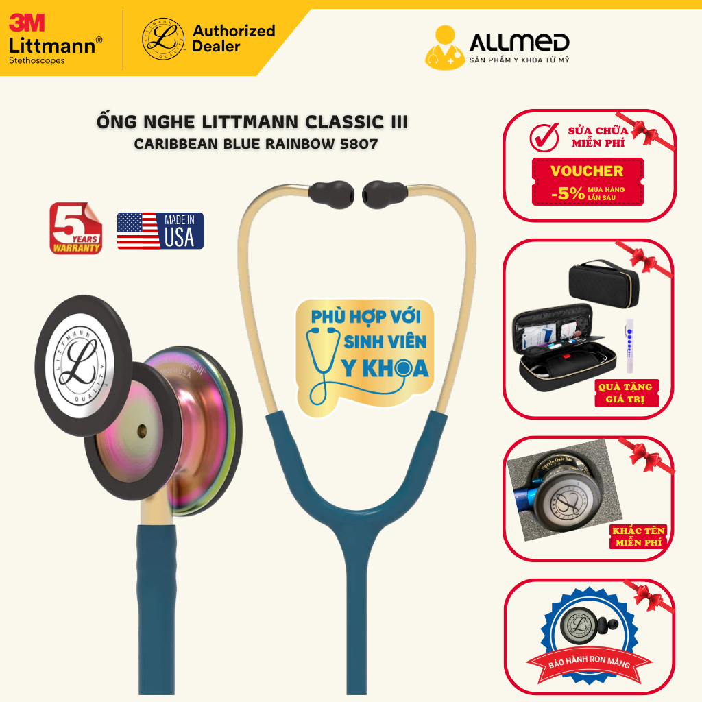 Ống nghe Littmann Classic III ™ màu Carribean Blue Rainbow (Special) 5807 chính hãng 3M Mỹ