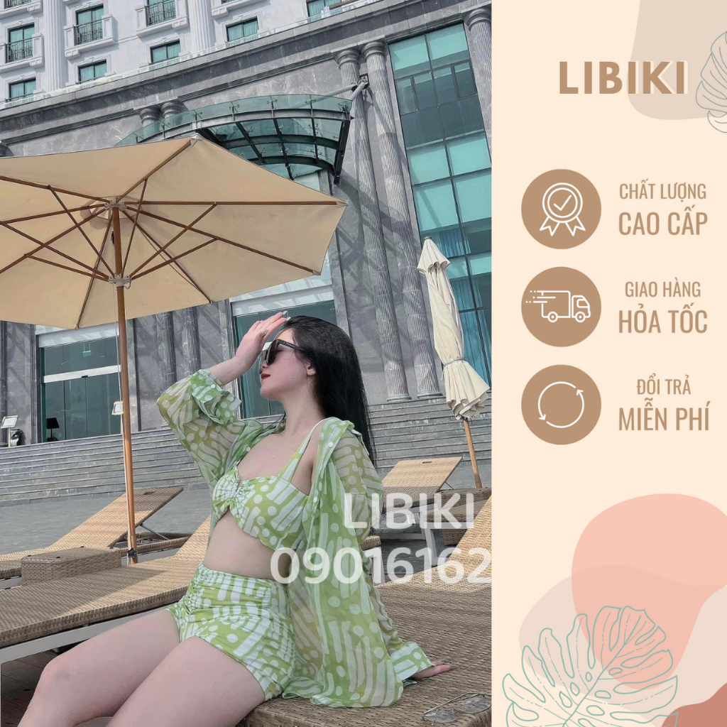 Set bikini kín đáo 3 chi tiết gồm áo nhỏ, sơ mi voan, quần đùi sooc 2 lớp cao cấp - Libiki