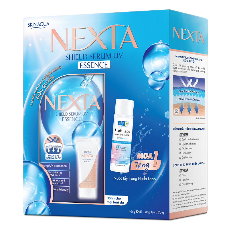 Hộp quà Tinh chất serum chống nắng Skin Aqua Nexta Shield Serum UV SPF50+ PA++++ 50g (TẶNG Nước tẩy trang Hada Labo)