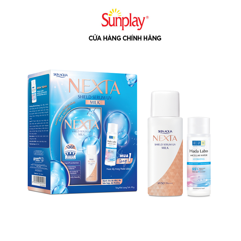 Hộp quà Sữa serum chống nắng Skin Aqua Nexta Shield Serum UV SPF50+ PA++++ 50g (TẶNG Nước tẩy trang Hada Labo)