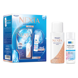 Hộp quà Sữa serum chống nắng Skin Aqua Nexta Shield Serum UV SPF50+ PA++++ 50g (TẶNG Nước tẩy trang Hada Labo)