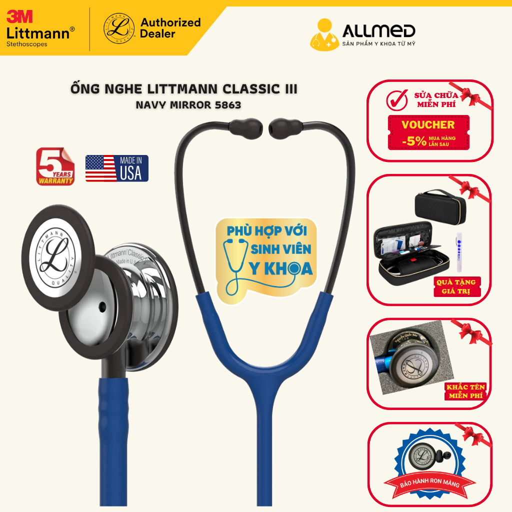 Ống nghe Littmann Classic III ™ màu Mirior-Finish Navy 5863 (Limited) chính hãng 3M Mỹ
