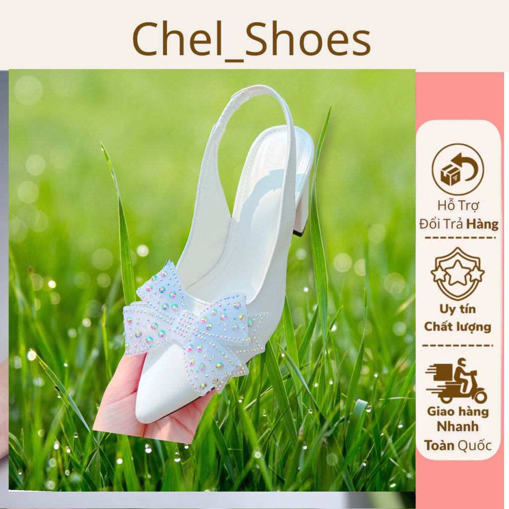 Giày cao gót phối nơ đá sang xịn cao 7,5cm - B56