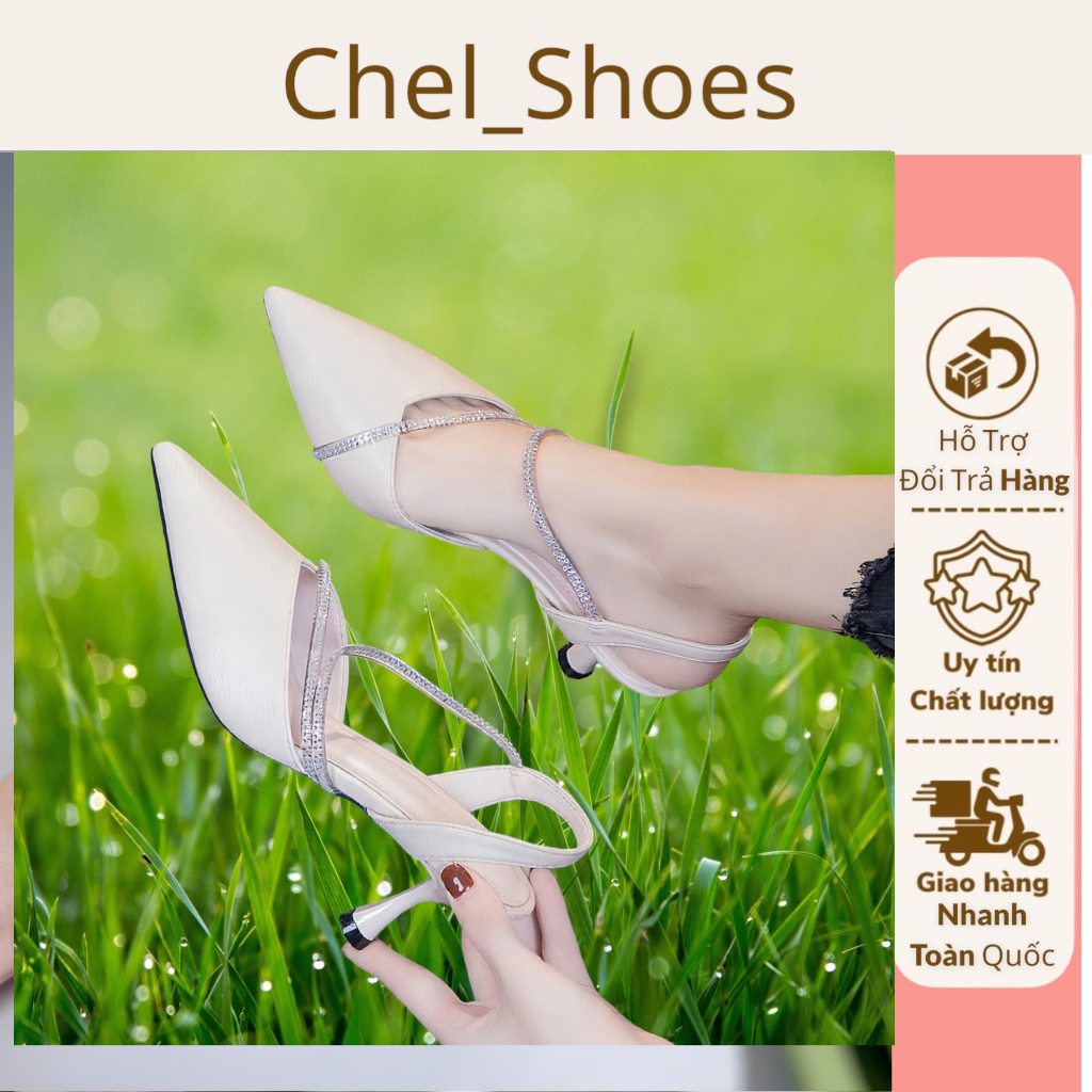 Giày cao gót phối dây đá gót nhọn 7cm Fom to lùi size - V7