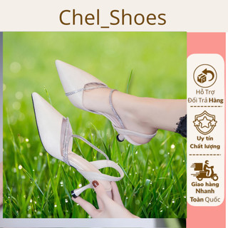 Giày cao gót phối dây đá gót nhọn 7cm Fom to lùi size - V7