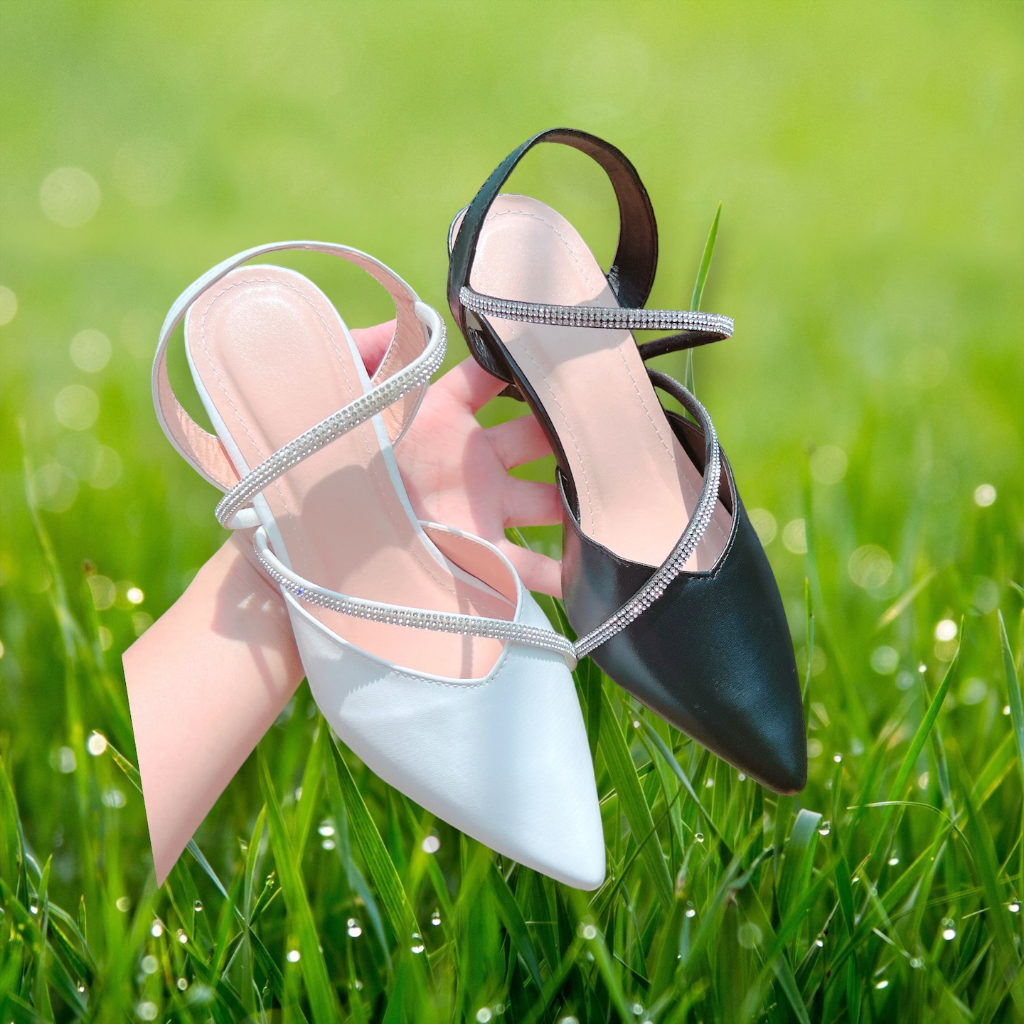 Giày cao gót phối dây đá gót nhọn 7cm Fom to lùi size - V7