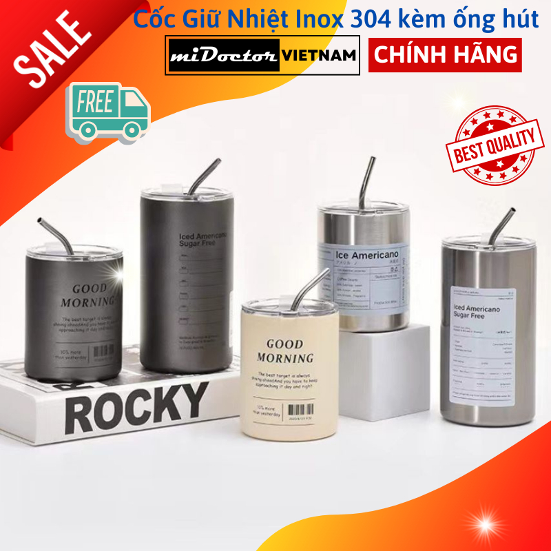 Ly cốc giữ nhiệt inox 304 Iced Americano không gỉ cao cấp, Cốc giữ nhiệt kèm ống hút 300/600ml - Hãng miDoctor