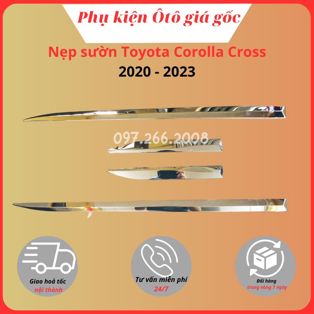 Ốp nẹp sườn, nẹp hông xe Toyota Corolla Cross 2020, 2021, 2022, 2023 inox 304 cao cấp, sáng bóng