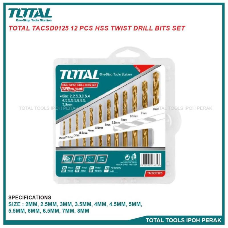 Bộ 12 mũi khoan kim loại 2-8mm TOTAL TACSD0125