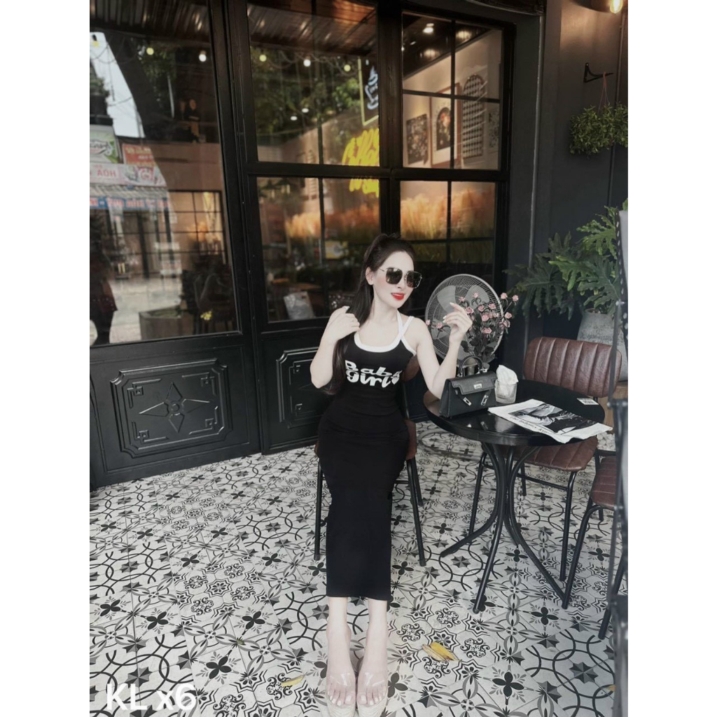 Đầm body hai dây chéo cổ in chữ baby girl - chất thun dẻo mịm