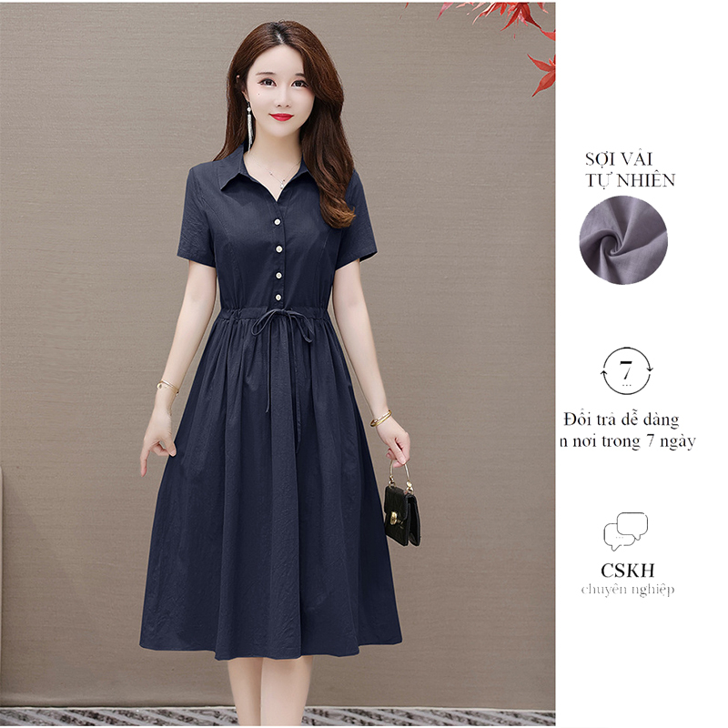 Váy sơ mi cổ bẻ dáng dài cộc tay kèm đai thắt eo nhẹ nhàng thanh lịch, chất đũi cao cấp thời trang nữ công sở