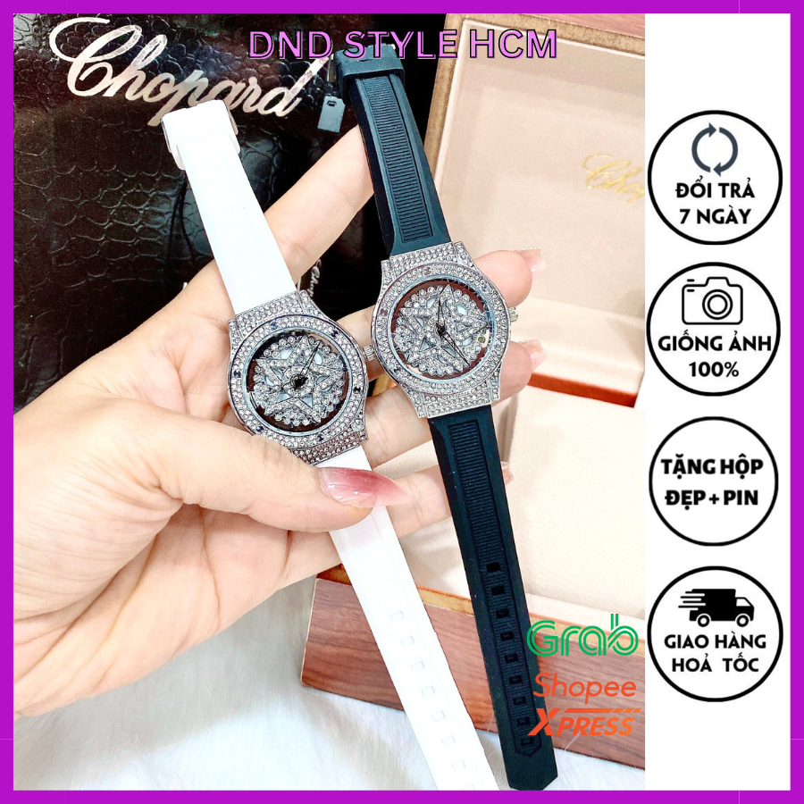 Đồng hồ nữ mặt xoay Chopa.rd, đồng hồ nữ mặt xoay ngôi sao full đá cực hot dây cao su bền bỉ chống nước - Dnd Style