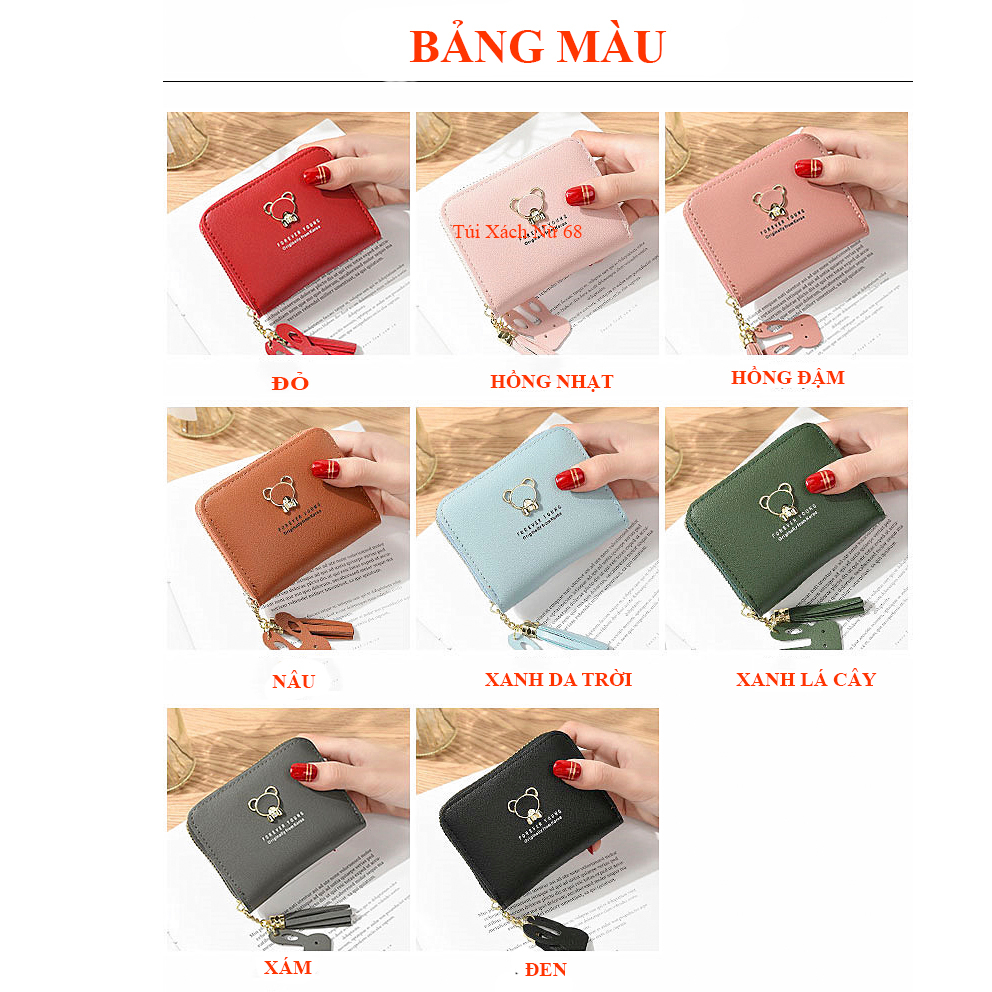 Ví Ngắn Mini Nhỏ Gọn Có Khóa Kéo Đính Tua Rua Hình Gấu Siêu Cute Cho Nữ