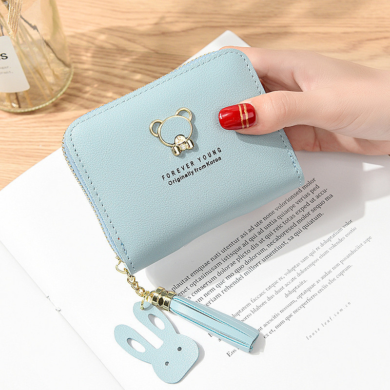 Ví Ngắn Mini Nhỏ Gọn Có Khóa Kéo Đính Tua Rua Hình Gấu Siêu Cute Cho Nữ