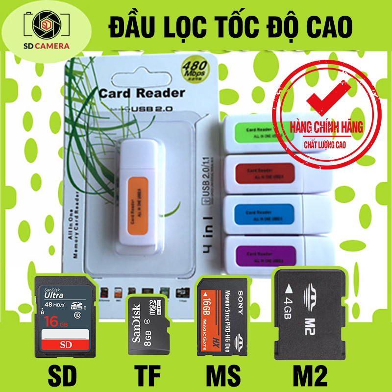 Đầu đọc thẻ nhớ USB cho Máy ảnh, Máy quay, Máy ghi âm, Điện thoại…Đầu lọc thẻ SD/ MS/ TF(MICRO SD)/ M2 Cap USB  4trong1