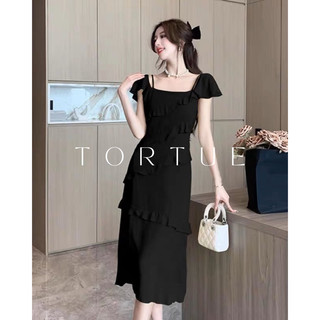 [Sẵn M] V226 Đầm váy dài đen bẹt vai nhiều lớp tiểu thư nhẹ nhàng mùa hè phong cách Pháp Retro Vintage Taobao mới 2023