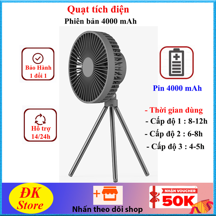 Quạt tích điện pin trâu 4000mAh 3 cấp độ gió tùy chỉnh có chân đế để bàn và móc treo - Mua Ngay
