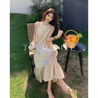 V227 Đầm váy tơ dài cổ yếm thêu hoa tiểu thư nhẹ nhàng mùa hè phong cách Pháp Retro Vintage Taobao mới 2023