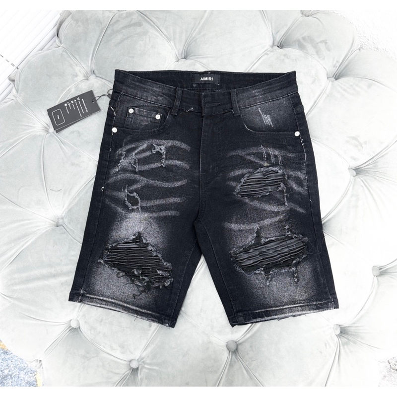 Quần short nam amiri có hoạ tiết vá da thời trang, Quần short bò nam p