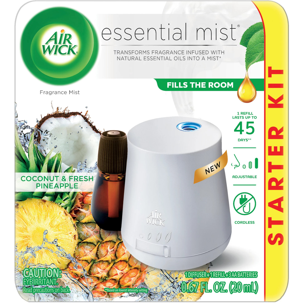 Máy xông tinh dầu dùng Pin Air Wick Essential Mist, Essential Oil Diffuser, (Diffuser + 1 Refill) Coconut and Pineapple