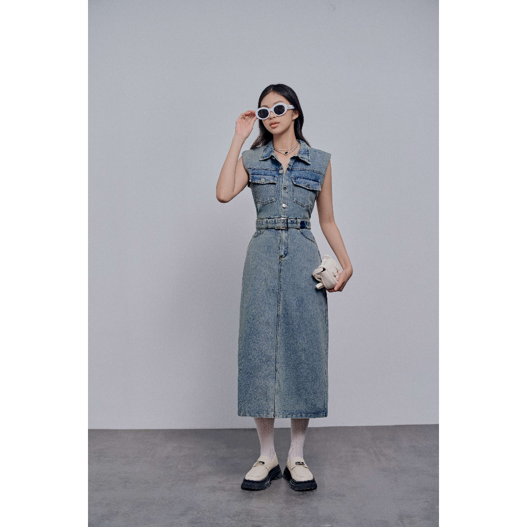 Váy Denim sát nách kèm thắt lưng J03 Theoutsider_official , đầm jean dáng dài