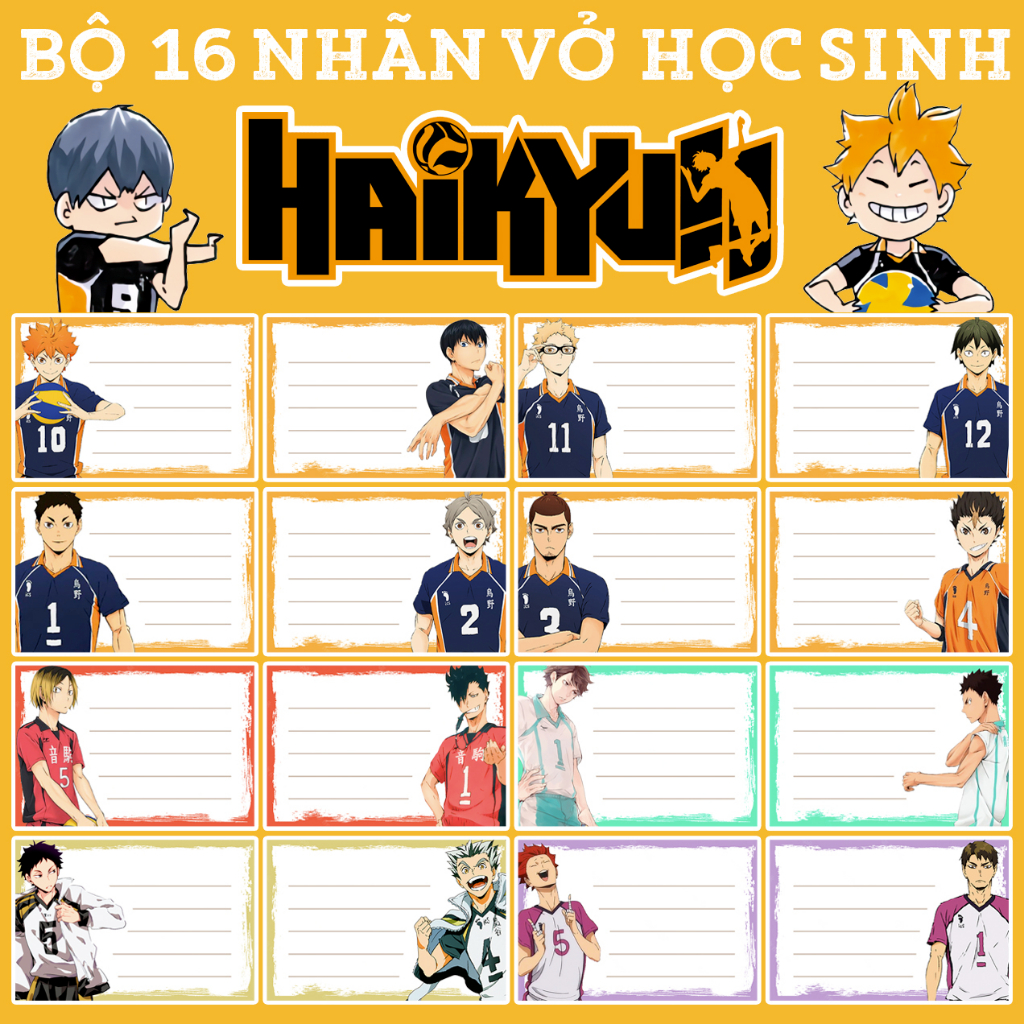 BỘ 16 NHÃN VỞ HAIKYUU! - CHÀNG KHỔNG LỒ TÍ HON - NHÃN VỞ TẬP HỌC SINH ANIME MANGA