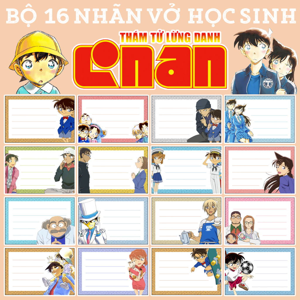 BỘ 16 NHÃN VỞ TẬP HỌC SINH CONAN THÁM TỬ LỪNG DANH