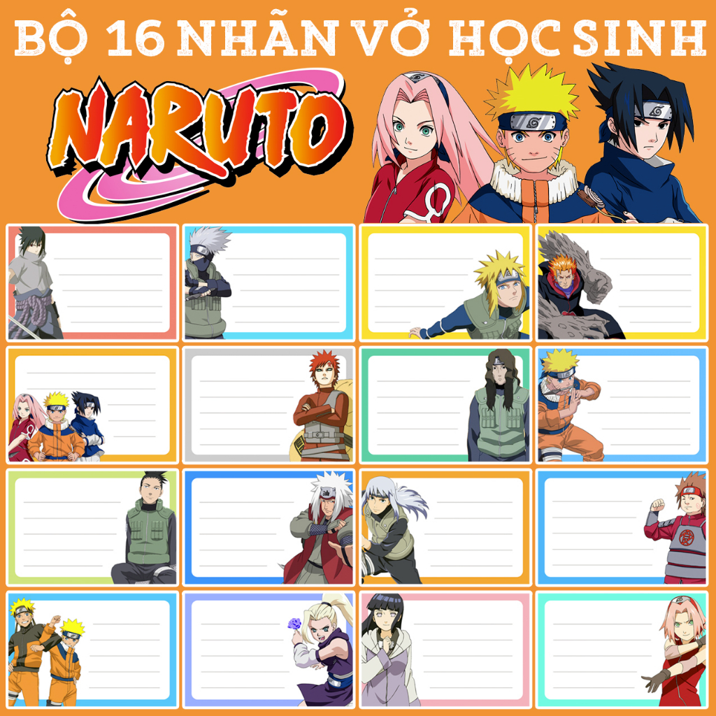 BỘ 16 NHÃN VỞ TẬP HỌC SINH IN HÌNH NARUTO SHIPPUDEN