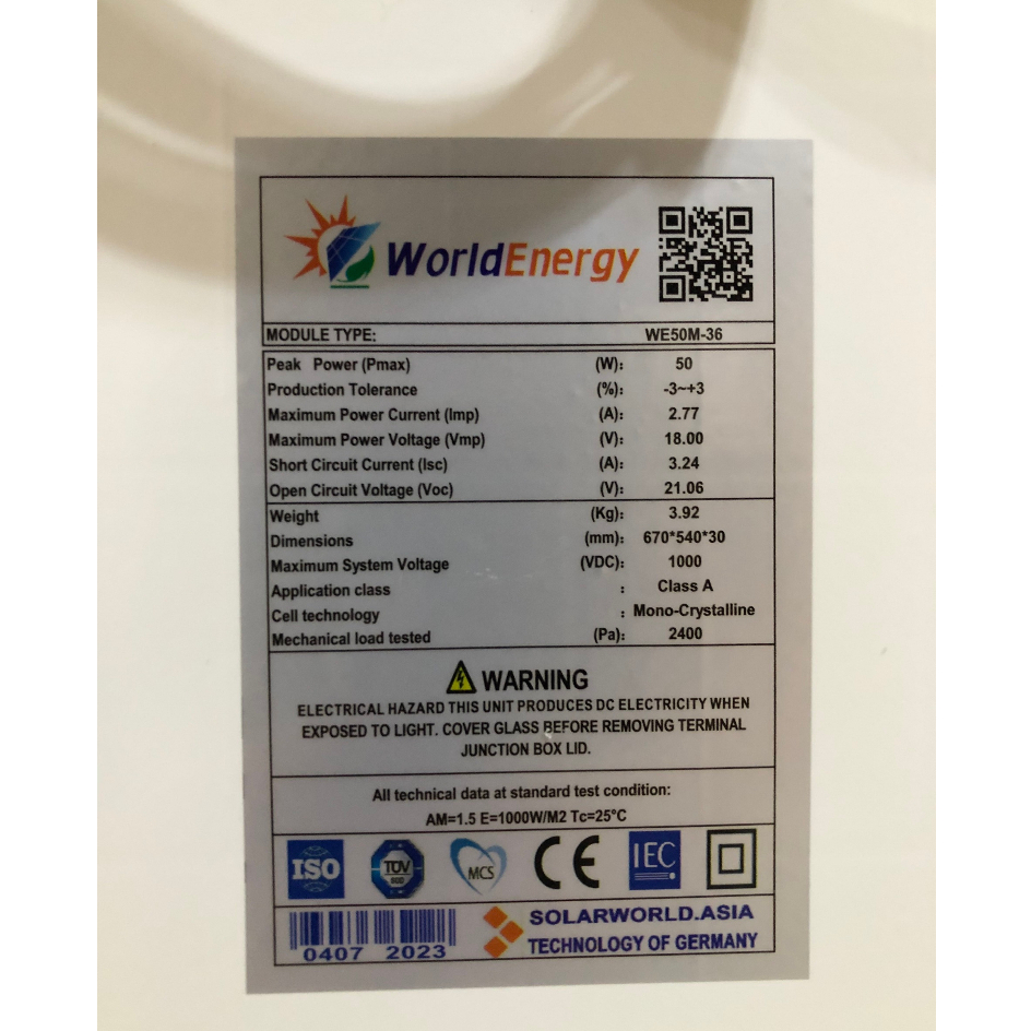 Pin năng lượng mặt trời mono 50W-18V WorldEnergy -